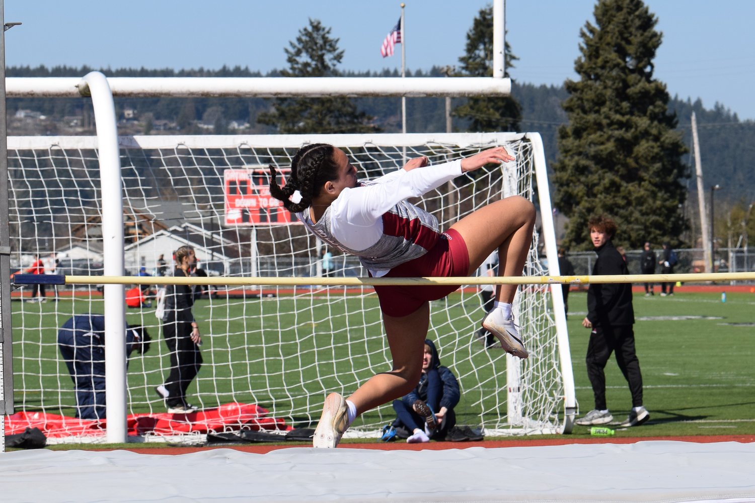 W.F. West freshman Arianna Wheaton goes over the bar at the Cardinal Relays in Orting on March 18.